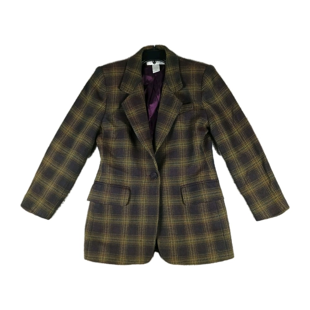 Casual Corner Vintage 100% Wool Plaid Blazer Jacket Women Petite 4P Lined Brown